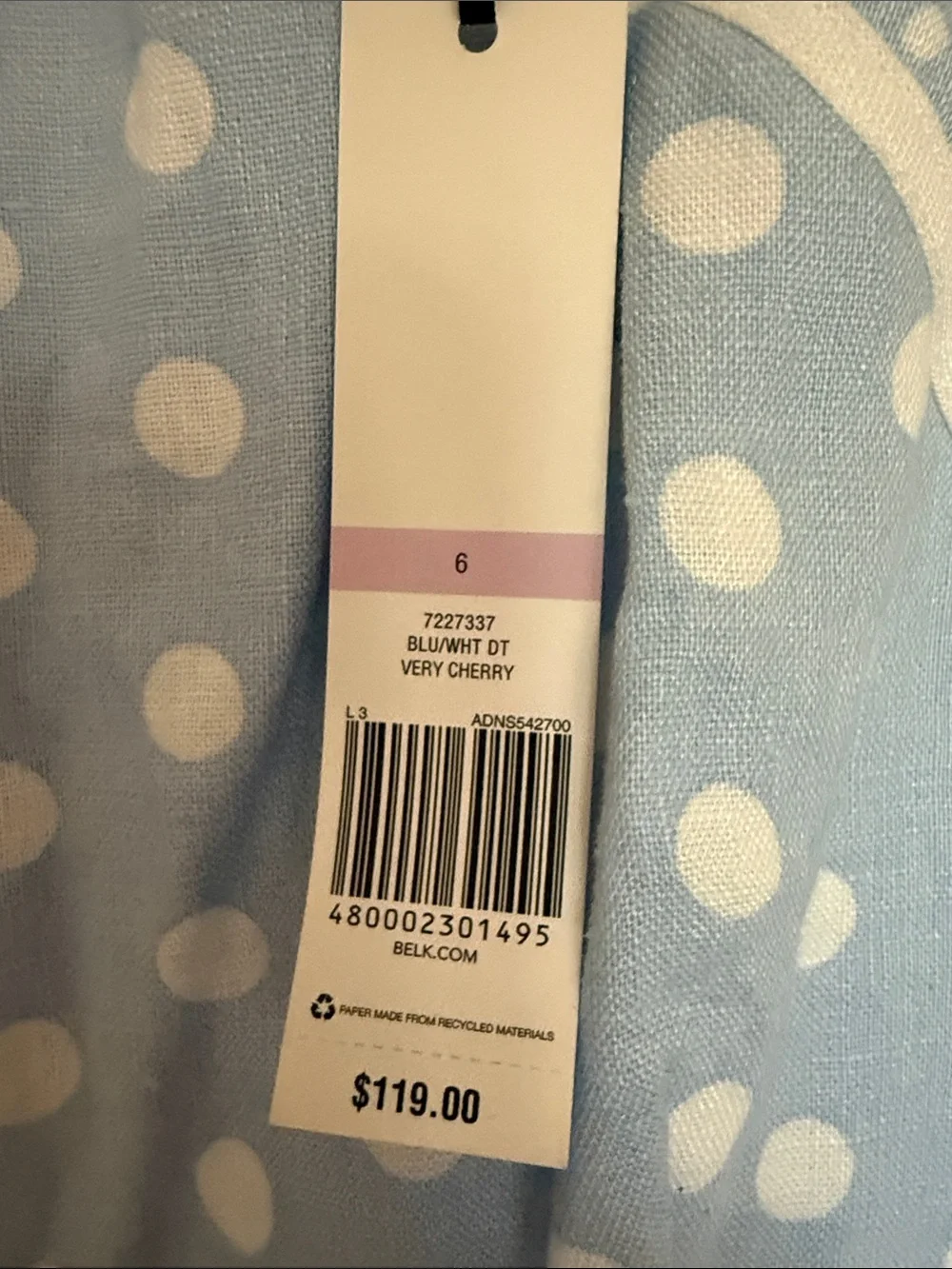 Cynthia Rowley light blue and white polka dot sleeveless A-line dress, size 6